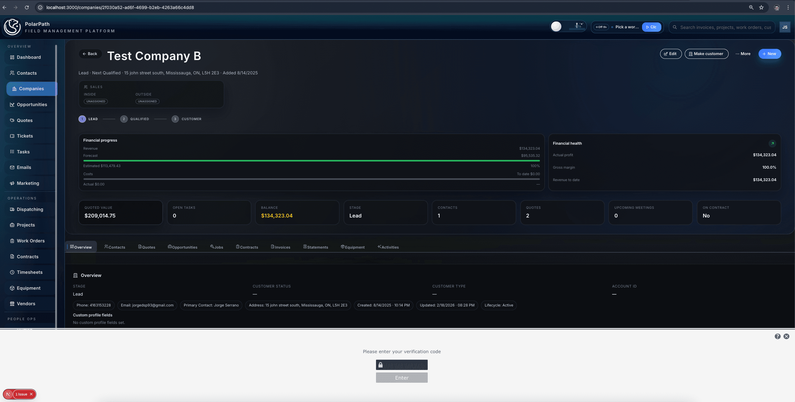 PolarPath company workspace with customer activity, contacts, work, and financial context
