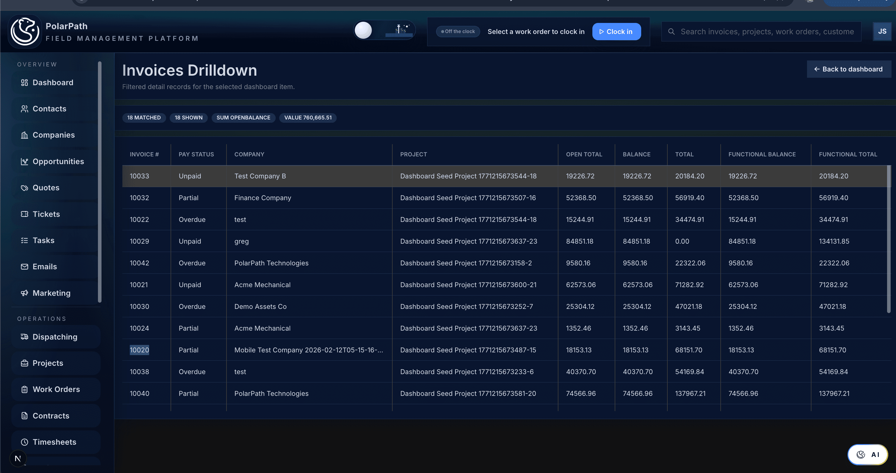 PolarPath invoice detail connected to customer and operational records