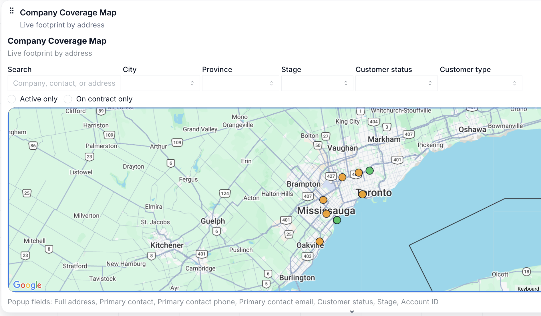 Company coverage map with city and status filters and customer markers