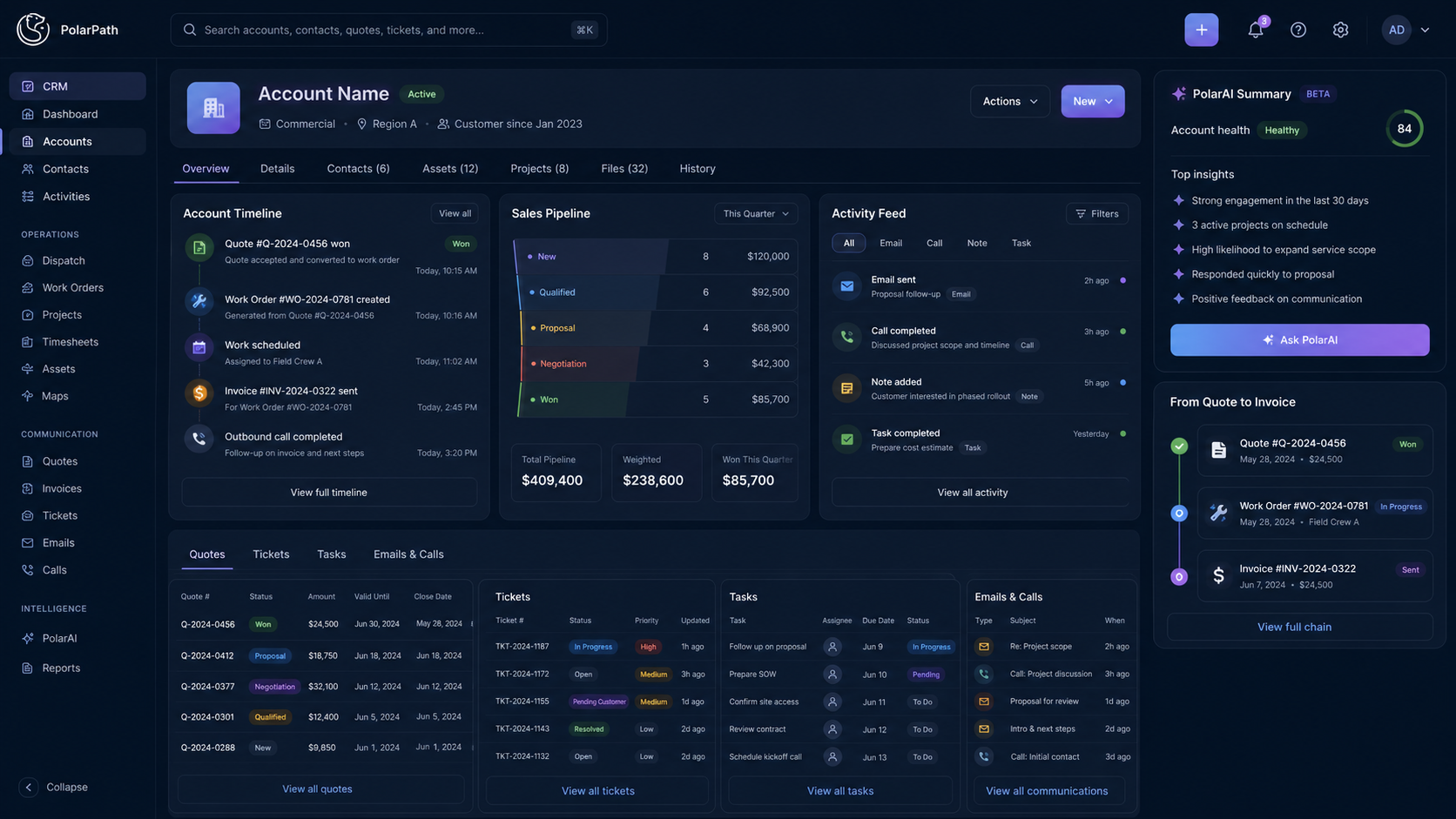PolarPath project workspace with quote financial progress and action controls