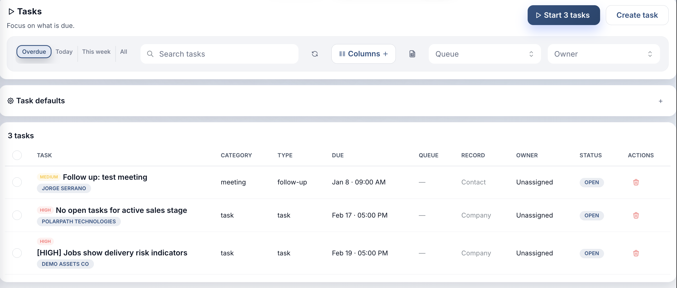 Task workspace supporting onboarding steps and workforce admin workflows