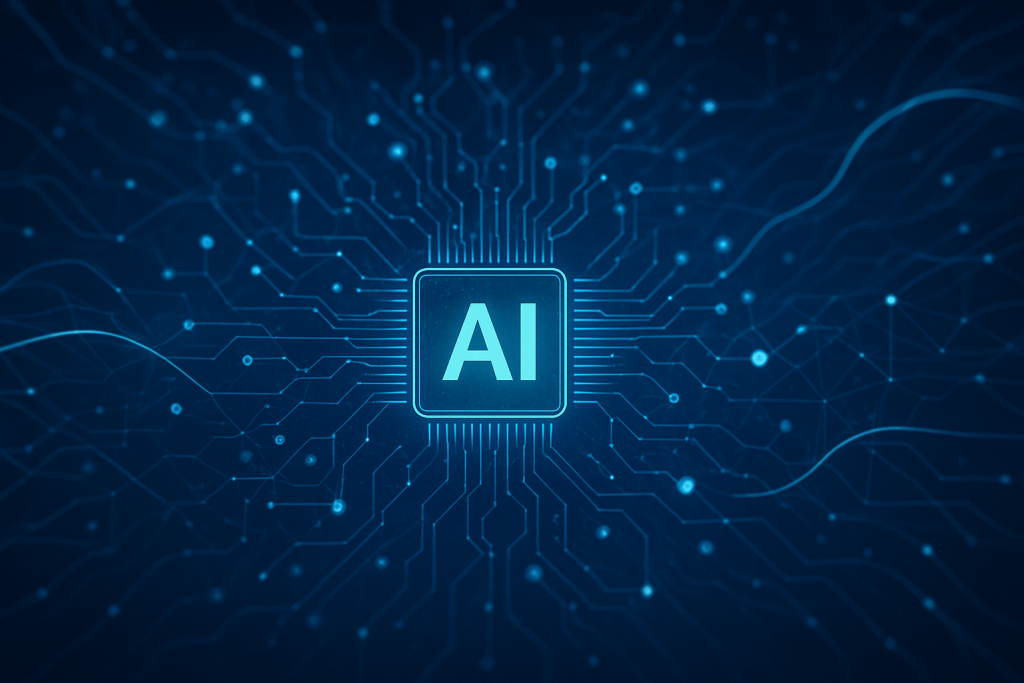 A digital illustration showcasing a central circuit board with the letters 'AI' prominently displayed, surrounded by interconnected lines and glowing nodes, representing artificial intelligence technology.