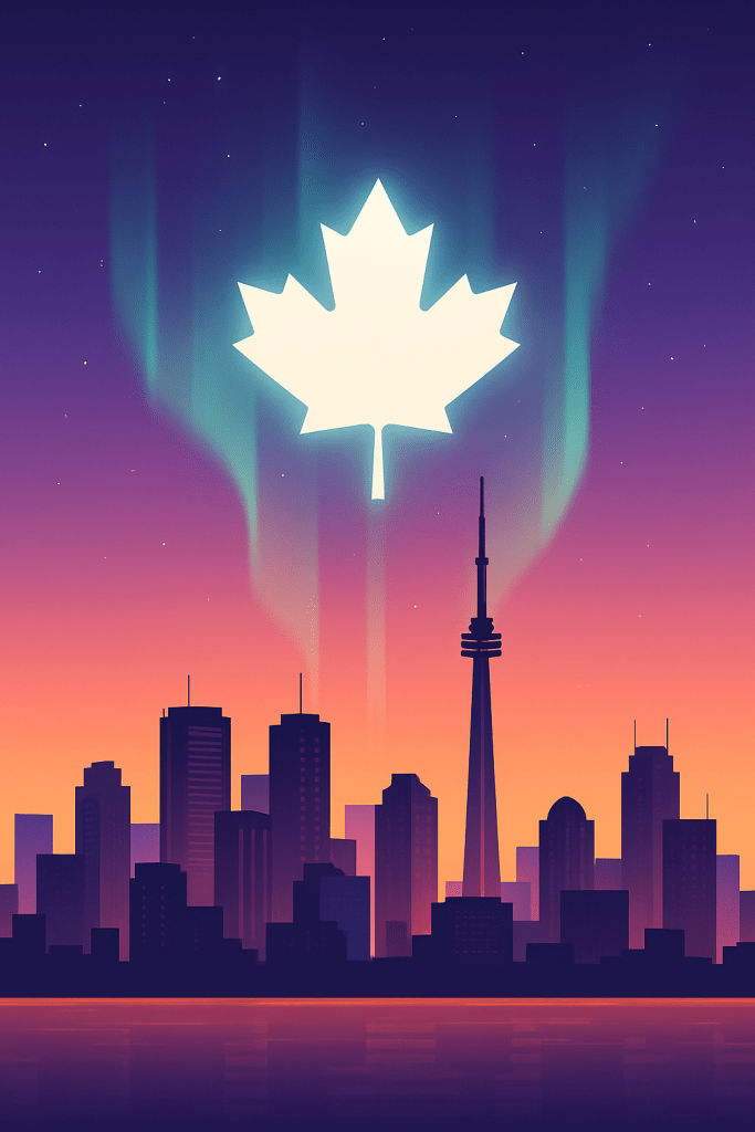 A digital illustration of a Toronto skyline at sunset with a large illuminated maple leaf in the sky, surrounded by colorful northern lights.