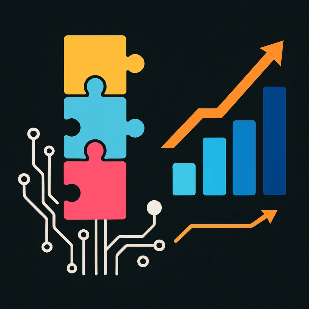 Illustration of colorful puzzle pieces stacked on a circuit board background with a rising bar graph and arrow, symbolizing the concept of progress in coding and technology.